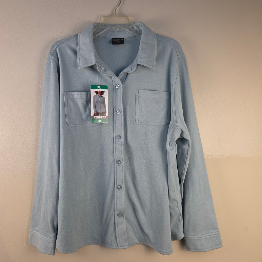 32 Degrees Heat Womens XL Light Blue Fleece Button Down Shirt Long Sleeve Pocket